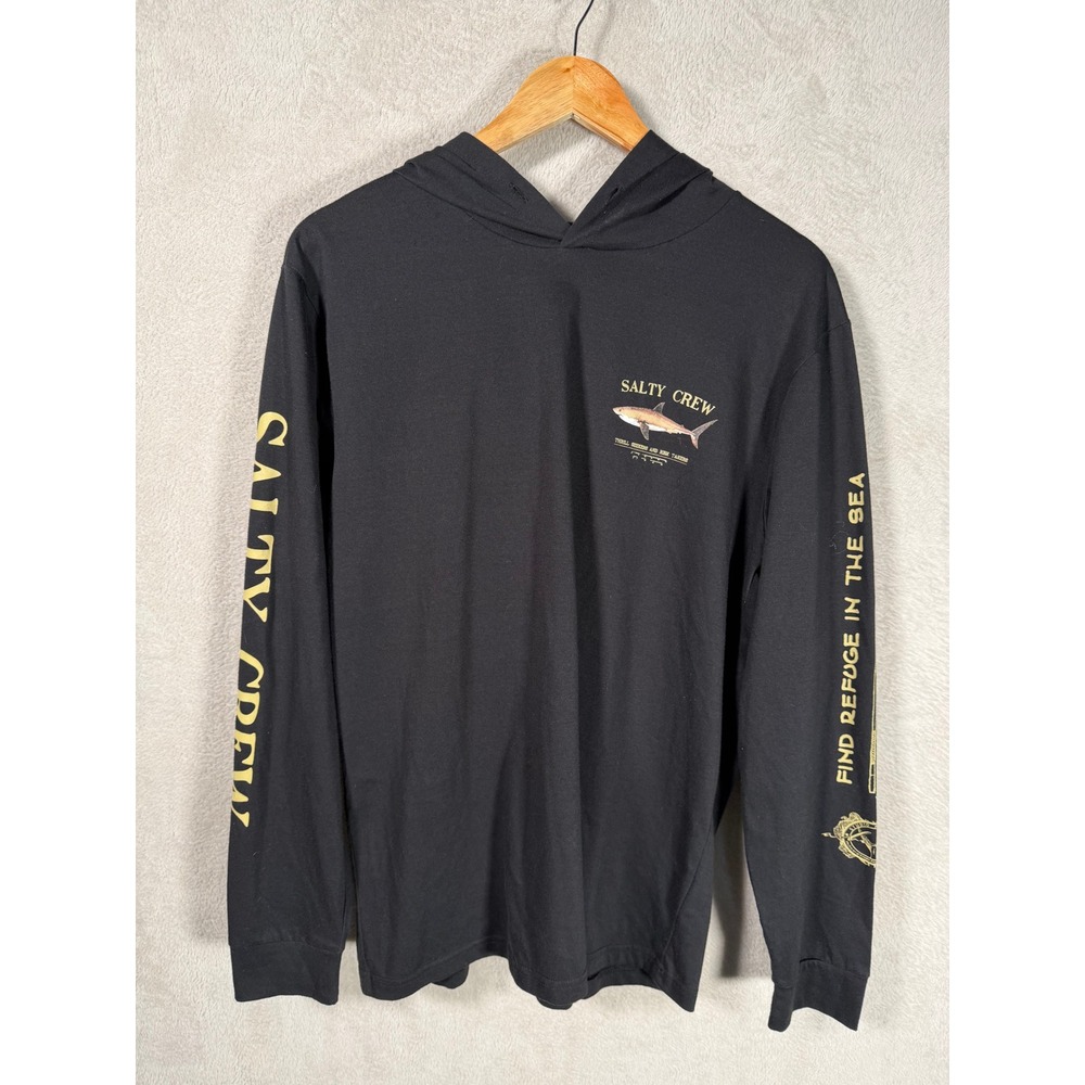 Salty Crew Mens Large Black Graphic Hooded Long Sleeve Technical Tee UPF 40